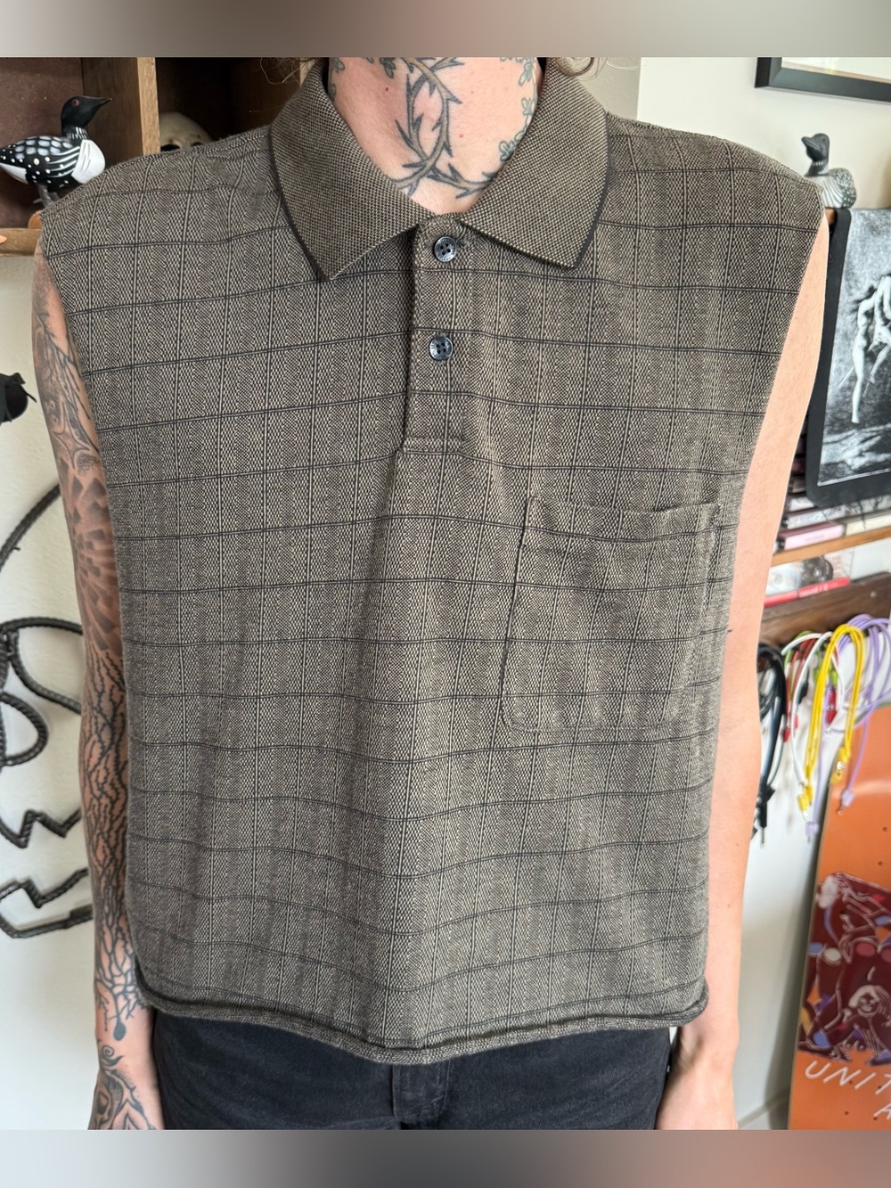 Vintage 2000s Brown & Black Windowpane Plaid Cropped Sleeveless Pocket Polo ~ L